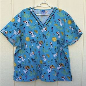 Disney Olaf Frozen Light Blue Cartoon Character Medical Scrub Top Plus Size 3X
